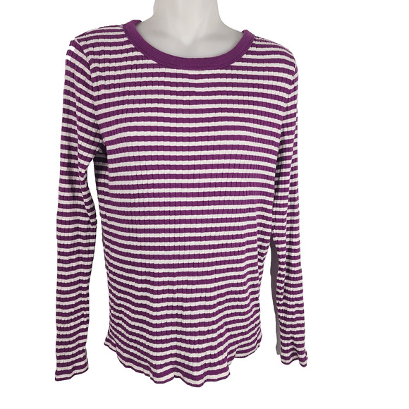 Talbots Women Ribbed Crewneck Tee Jasmine Stripe Long Sleeve Knit Texture Medium - Picture 1 of 9